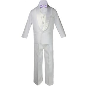 6pc Toddler Teen White Satin Shawl Lapel Suits Tuxedo Lilac Satin Bow tie Set