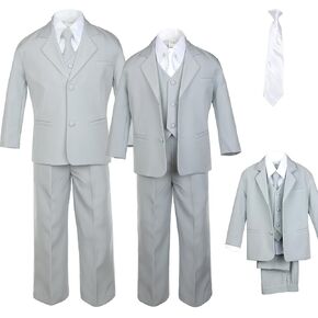 6pc Boy Gray Vest Formal Tuxedo Suits with Satin White Necktie Baby to Teen