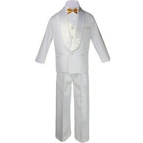 6pc Boys White Satin Shawl Lapel Suits Tuxedo Extra Gold Satin Bow tie Set