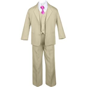6pc Boy Khaki Vest Set Formal Tuxedo Suits with Satin Fuchsia Necktie Baby to Teen