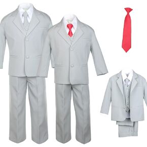 6pc Boy Gray Vest Formal Tuxedo Suits with Satin Red Necktie Baby to Teen