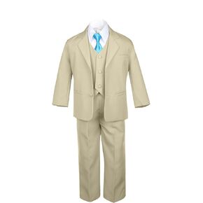 6pc Boy Khaki Vest Set Formal Tuxedo Suits with Satin Turquoise Necktie Baby to Teen