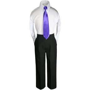 6pc Boy Black Vest Set Formal Tuxedo Suits with Satin Purple Necktie Baby to Teen