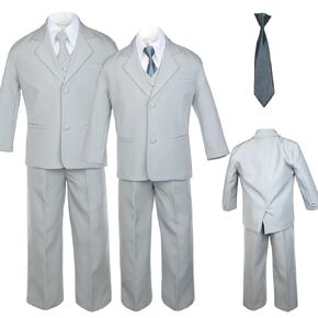 6pc Boy Gray Vest Formal Tuxedo Suits with Satin Dark Gray Necktie Baby to Teen