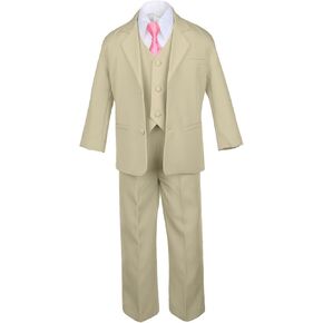 6pc Boy Khaki Vest Set Formal Tuxedo Suits with Satin Coral Necktie Baby to Teen