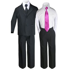 6pc Boy Black Vest Set Formal Tuxedo Suits with Satin Fuchsia Necktie Baby to Teen