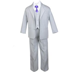 6pc Boy Gray Vest Formal Tuxedo Suits with Satin Purple Necktie Baby to Teen