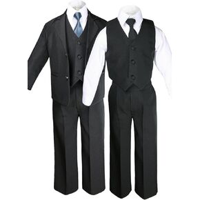 6pc Boy Black Vest Set Formal Tuxedo Suits with Satin Dark Gray Necktie Baby to Teen