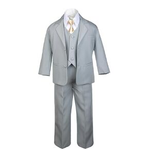 6pc Boy Gray Vest Formal Tuxedo Suits with Satin Champagne Necktie Baby to Teen