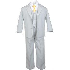 6pc Boy Gray Vest Formal Tuxedo Suits with Satin Yellow Necktie Baby to Teen
