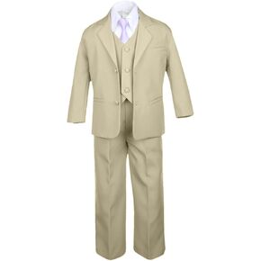 6pc Boy Khaki Vest Set Formal Tuxedo Suits with Satin Lilac Necktie Baby to Teen