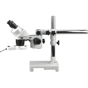 AmScope SW-3B24X-FRL Binocular Stereo Microscope, WH10x Eyepieces, 10X/20X/40X Magnification, 2X/4X Objective, Single-Arm Boom Stand, 8W Fluorescent Ring Light, 110V-120V, Includes 0.5x Barlow Lens