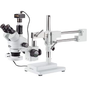AMSCOPE SM-4TP-FRL-M Professional Trinocular Stereo Microscope مع التحكم في التركيز المتزامن ، و WH10x Eyepieces ، 7x-45x التكبير ، 0.7x-4.5x Zoom هدف ، 8 واط ، ضوء حلقة الفلورسنت ، حامل مزدوج الذراع ، 110V-20V ، 1.3MP Camer