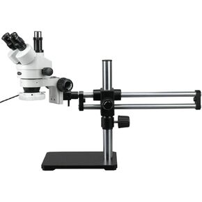 AmScope SM-5TZZ-144S Professional Trinocular Stereo Zoom Microscope, WH10x and WH20x Eyepieces, 3.5X-180X Magnification, 0.7X-4.5X Zoom Objective, 144-Bulb LED Ring Light, Ball-Bearing Double-Arm Boom Stand, 110V-240V, Includes 0.5X and 2.0X Barlow Lenses