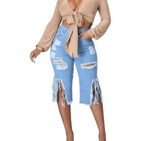 JEKE-DG Stretchy Frayed Raw Hem Denim Shorts for Women Distressed Sexy Ripped Jean Shorts Summer High Waisted Jean Shorts