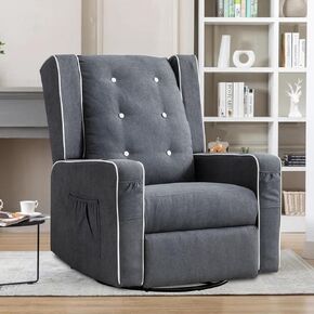 Swivel Rocker Recliner Chair, Upholstered Glider Chair for Nursery with Cup Holders, Manual Nursery Reclining Rocking Chair