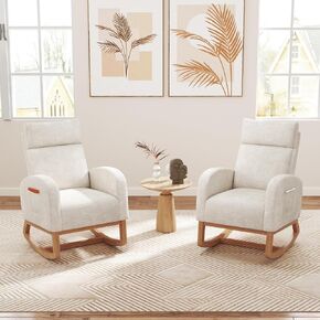 Giantex Rocking Chair Nursery, Upholstered Chenille Rocker Chair w/Side Pocket, Natural Rubber Wood Frame, High Back, Modern Nursery Glider Armchair for Living Room, Bedroom