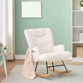 Rocking Chair Beige High Backrest Solid Wood Legs Padded Glider Chair with Side Pockets for Living Room Bedroom Nursery