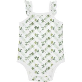FRODOTGV Green Leafs Grids Baby Cotton Sleeveless Bodysuits Cute Soft Girl Summer Clothes for Baby 0-24 Months 3M