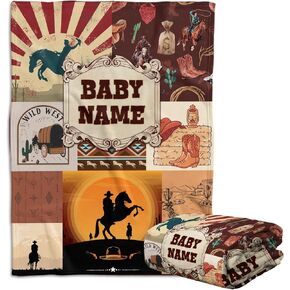 Baby Cowboy Blankets, Personalized Western Baby Blanket for Boys, Fleece Blankets for Girls, Custom Name 3 Sizes Fleece Blanket for Infant Newborn Son Daughter Toddlers Youth