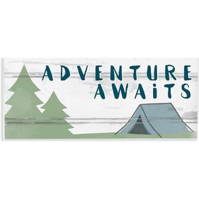 Stupell Industries The Kids Room Adventure Awaits Camping Scene with Trees Planked Look Sign Canvas Wall Art, 13 x 30, Proudly Made in USA, Multicolor