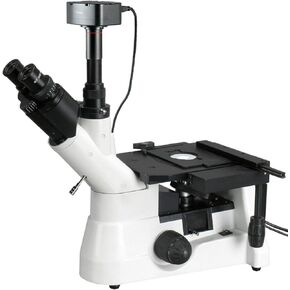AmScope ME1400TC-5MT-INF Digital Inverted Trinocular Metallurgical Microscope, 40X-1000X Magnification, WF10x and WF25x Eyepieces, WF10x Eyepiece with Reticle, Infinity Objectives, Kohler Condenser, 30W Halogen Illumination with Rheostat, Double-Layer Mec