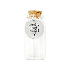 First Haircut Keepsake Jar, Personalized Name, Glass with Cork for First Lock of Hair Cut, Sentimental Gift for a Mom - Gift Box Included