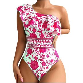 Womens One Piece Swimsuit One Shoulder Tummy Control Bathing Suit Slimming Vintage Floral Print Ruffle Swimwear