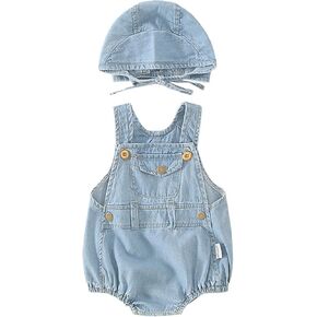 Newborn Toddler Baby 2PC Outfits Straps Denim Overalls Jean Romper Workwear with Pockets Sun Hats Jumpsuit Clothes