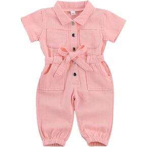 2PCS Toddler Baby Girl Jumpsuit Overalls Lapel Short Sleeve Pockets Button Down Cargo Pants + Belt Sets