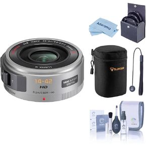 Panasonic LUMIX G X Vario PZ 14-42mm f/3.5-5.6 Aspherical Lens for Micro Four Thirds, Silver, Bundle with 37mm Filter Kit, Lens Case, Cleaning Kit, Lens Cap Tether and Cleaning Cloth