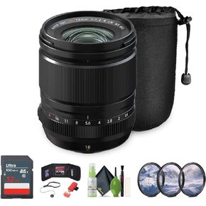 FUJIFILM XF 18mm f/1.4 R LM WR Lens Bundle with 32GB Memory Card + 62mm 3 Piece High Resolution Filter Kit + Lens Cap Keeper + Memory Card Wallet + More