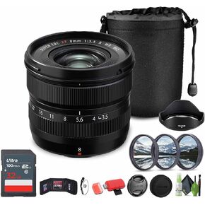 FUJIFILM XF 8mm f/3.5 R WR Lens Bundle with 32GB Memory Card + 62mm 3 Piece High Resolution Filter Kit + Lens Cap Keeper + Memory Card Wallet + More