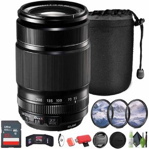FUJIFILM XF 55-200mm f/3.5-4.8 R LM OIS Lens Bundle with Lens Pouch + 32GB Memory Card + 62mm 3 Piece High Resolution Filter Kit + Lens Cap Keeper + More