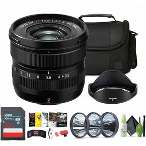 FUJIFILM XF 8mm f/3.5 R WR Lens Bundle with Soft CASE-MED (SLR + Lenses) + 32GB Memory Card + 62mm 3 Piece High Resolution Filter Kit + Lens Cap Keeper + More