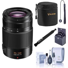 Panasonic Leica DG Vario-Elmarit 35-100mm f/2.8 Lens, Bundle with Small Lens Case, 58mm Filter Kit, Lens Cleaner, Cleaning Kit and Lens Cap Tether