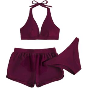 3PCS Women Triangle Bikinis Bathing Suit with Swim Shorts Ladies Swimming Costumes Neck Bikinis Top and Bottom