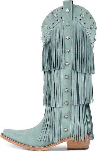 sexytag Women's Fringe Western Cowboy Boots with Tassals Turquoise Studs Pointed Toe Cowgirl Knee High Boots in Saudi Arabia