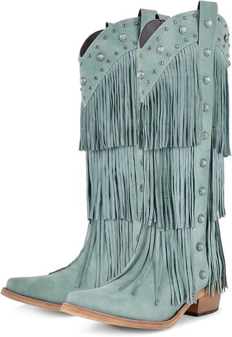 sexytag Women's Fringe Western Cowboy Boots with Tassals Turquoise Studs Pointed Toe Cowgirl Knee High Boots in Saudi Arabia