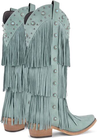 sexytag Women's Fringe Western Cowboy Boots with Tassals Turquoise Studs Pointed Toe Cowgirl Knee High Boots in Saudi Arabia