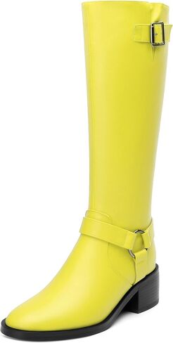 Women's Knee-High Boots, Round Toe Low Heel Knee High Boots for Women, Fashion Side Zip Knee High Bootie, Buckle Solid Knee High Boot for Daily Office Party in Kuwait