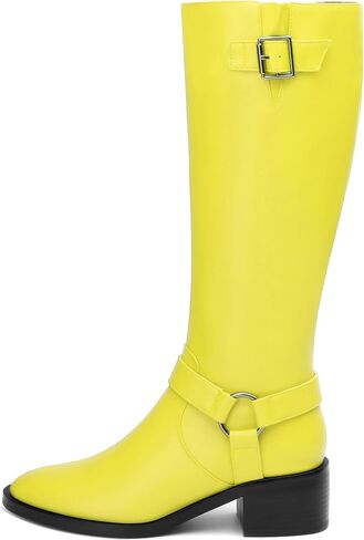 Women's Knee-High Boots, Round Toe Low Heel Knee High Boots for Women, Fashion Side Zip Knee High Bootie, Buckle Solid Knee High Boot for Daily Office Party in Kuwait