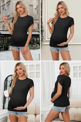 OUGES 3 Pack Women's Maternity Shirts/Tops Crew Neck Short Petal Sleeve Casual Fashion Tee Side Ruched Pregnancy Clothes in Saudi Arabia
