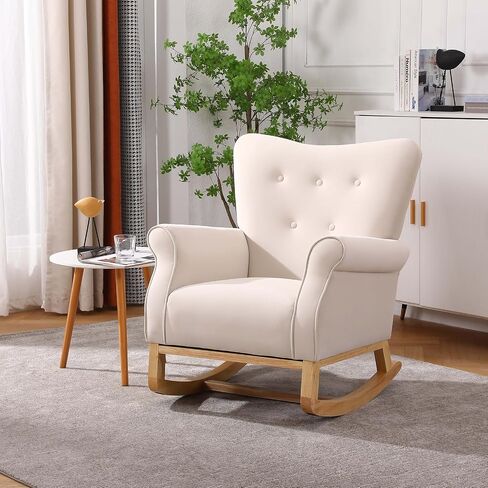 Velvet Nursery Glider Rocker with Comfy Armrest, Accent Rocking Chair with Solid Wood Legs for Baby (Beige) in Saudi Arabia