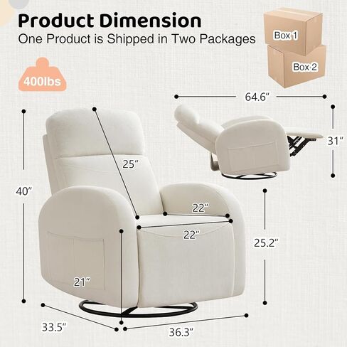 دوار كرسي روكر حضانة ، تشينيل للمرضى الجائر ، يدوي دوار هزاز يلجأ أريكة واحدة مع جيوب مزدوجة لغرفة المعيشة ، أبيض كريم in Kuwait