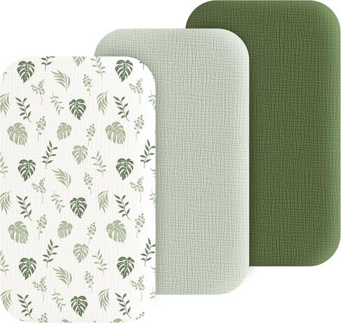 Baby Muslin Bassinet Sheets 3 Pack for Boys & Girls, Soft Breathable Cotton Bassinet Mattress Cover, Universal Fit for Hourglass, Oval, and Rectangle Mattress (Leaf Green) in Saudi Arabia