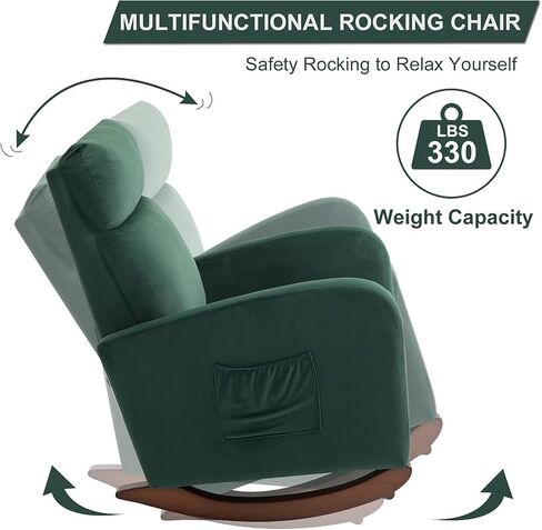 HOMREST Upholstered Oversize Rocking Chair with Adjustable Phone Handle, Nursery Rocking Chair with High Back and Side Pocket USB Port, Double Wide Rocker for Living Room, Bedroom, Nursery, Grey in Kuwait