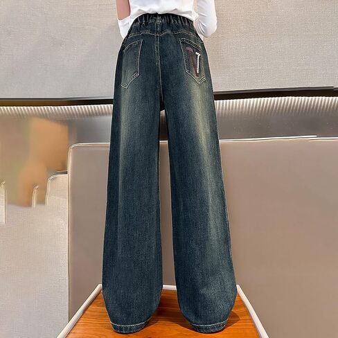 Girls Baggy Wide Leg Jeans Straight Loose Elastic High Waist Palazzo Denim Pants Retro Simply Joys by Baby Girl in Saudi Arabia