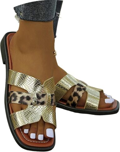 Women's Flat Sandals Square Toe Slip On Summer Beach Vacation Comfortable Casual Slide Sandals Fashion Trendy in Saudi Arabia