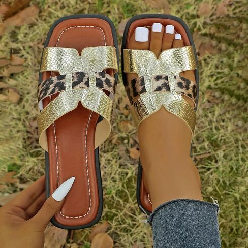 Women's Flat Sandals Square Toe Slip On Summer Beach Vacation Comfortable Casual Slide Sandals Fashion Trendy in Saudi Arabia